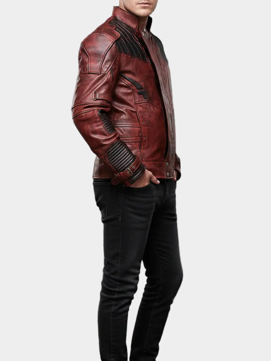 Person wearing a red leather jacket on a gray background