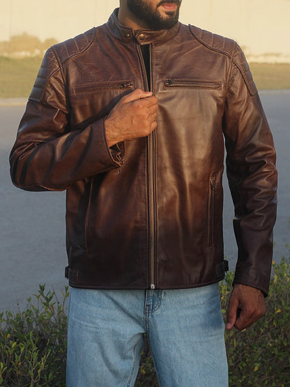 Classic Café Racer Jacket in Vintage Dark Brown Leather