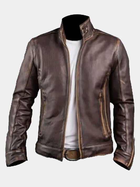 Classic Distressed Brown Biker Jacket For Men's