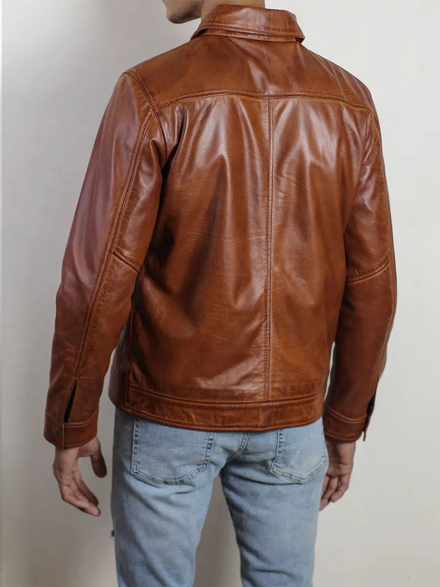 Cognac Brown Rugged Lambskin Leather Jacket
