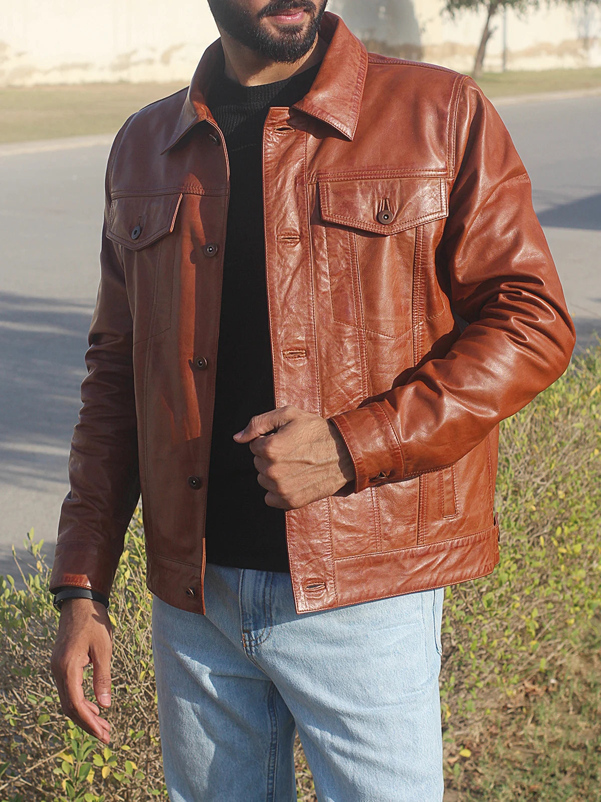 Cognac Brown Trucker Leather Jacket