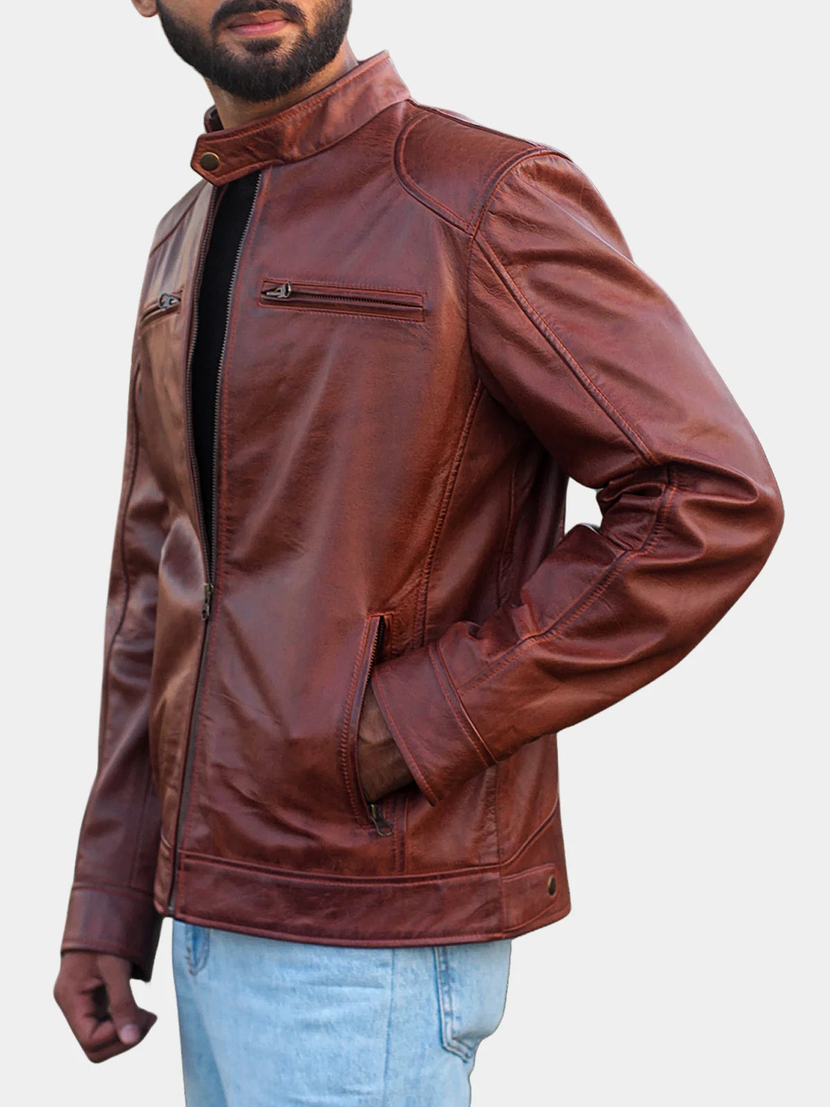 Cognac Cafe Racer Lambskin Leather Jacket For Men