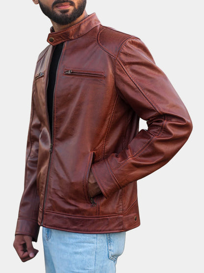 Cognac Cafe Racer Lambskin Leather Jacket For Men