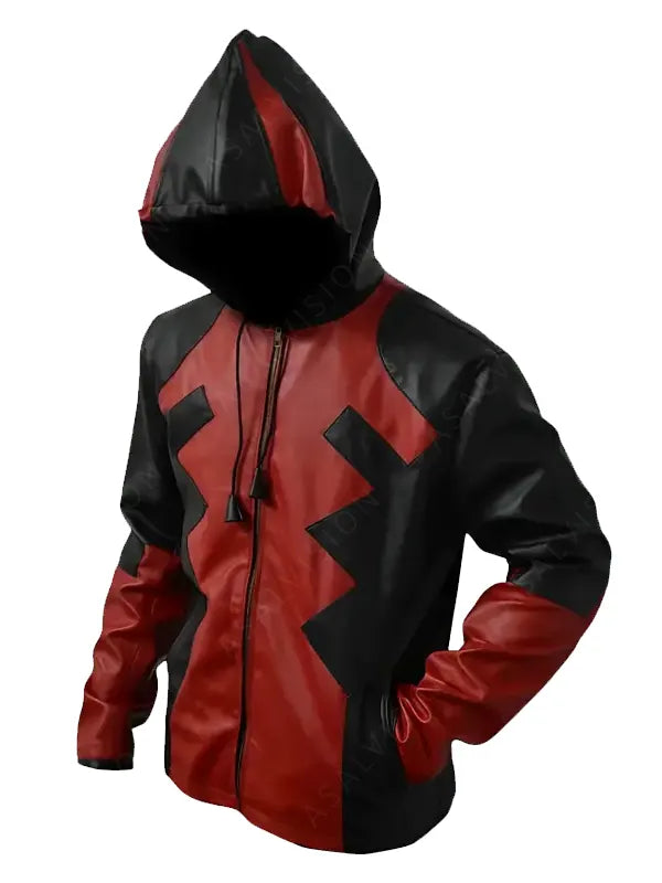 Costume Red And Black Leather Hooded Jacket