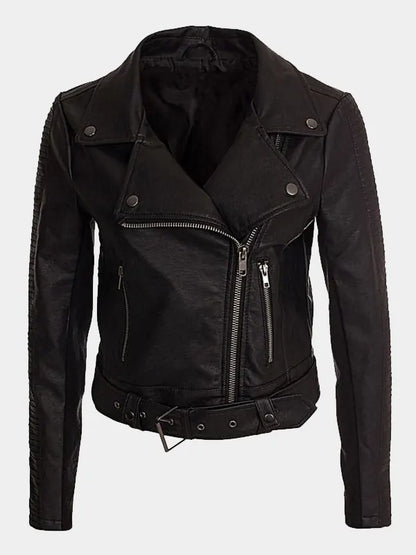 Cropped Black Leather Womens Motorcycle Jacket