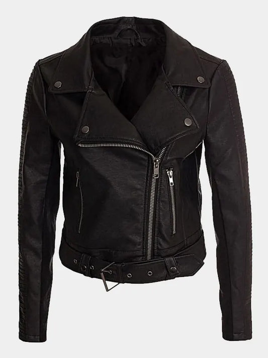 Cropped Black Leather Womens Motorcycle Jacket
