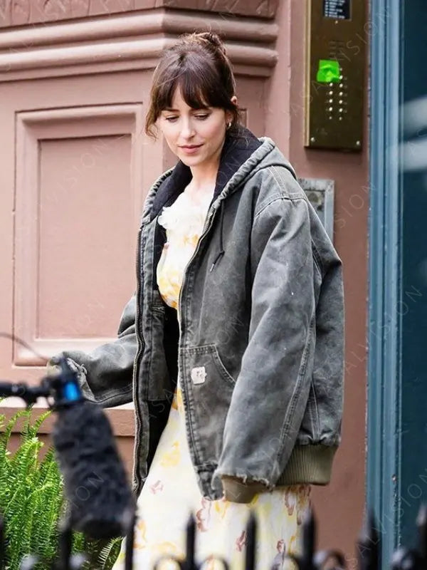 Dakota Johnson Materialists 2024 Lucy Grey Bomber Hooded Jacket