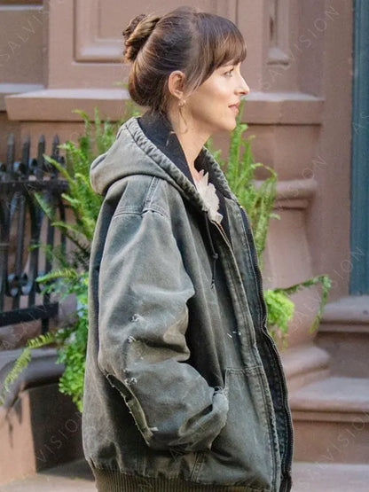 Dakota Johnson Materialists 2024 Lucy Grey Bomber Vintage Hooded Jacket