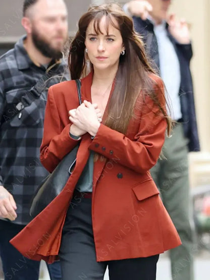 Dakota Johnson Movie Materialists 2024 Lucy Maroon Blazer