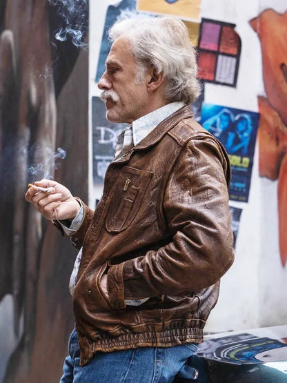Danny Dolinski Old Guy 2025 Christoph Waltz Brown Leather Jacket