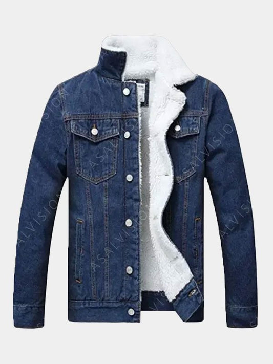 Dark Blue Faux Fur Lined Sherpa Denim Jacket