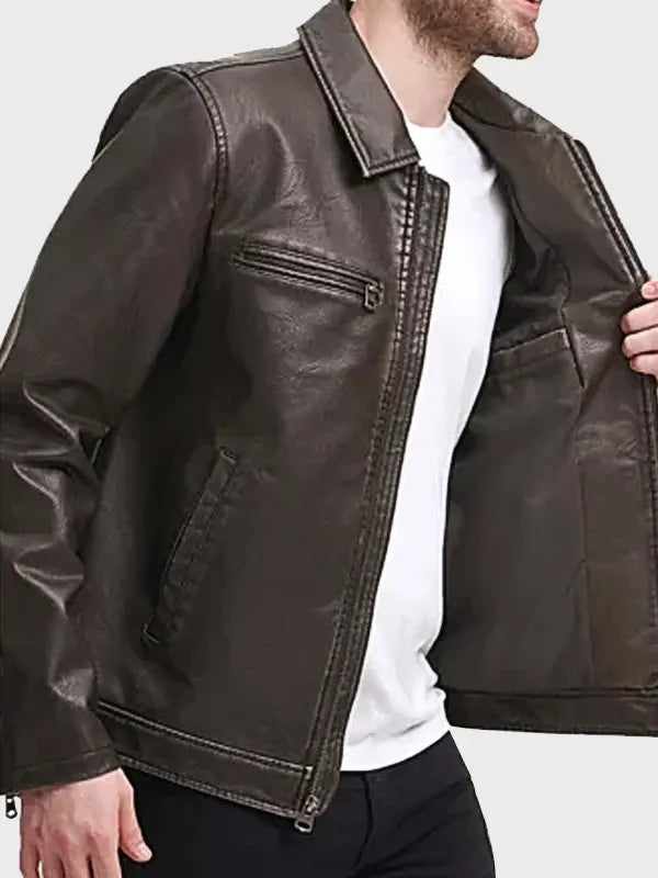 Dark Brown Cowhide Leather Four Pockets Jacket For Men