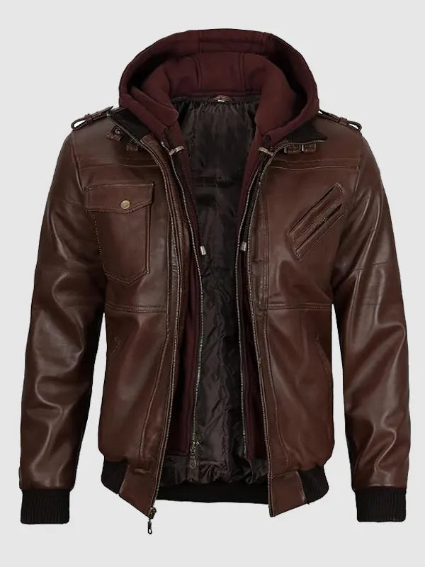 Dark Brown Detachable Hooded Bomber Leather Jacket