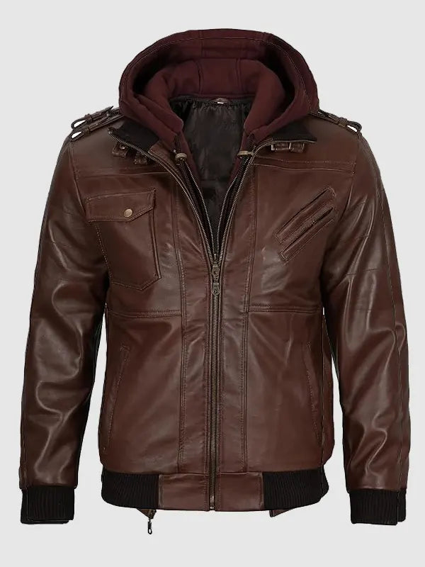 Dark Brown Hooded Leather Jacket For Men
