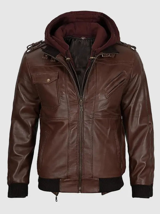 Dark Brown Hooded Leather Jacket For Men
