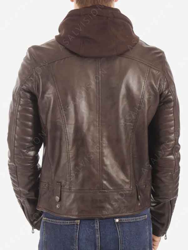 Dark Brown Padded Sleeves Cafe Racer Hooded Leather Jacket