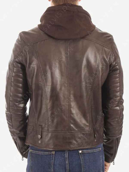 Dark Brown Padded Sleeves Cafe Racer Hooded Leather Jacket