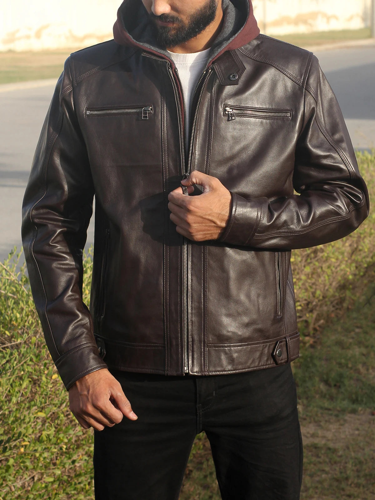 Dark Brown Removable Hood Leather Motorcycle Jacket