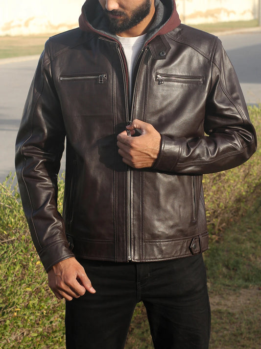 Dark Brown Removable Hood Leather Motorcycle Jacket