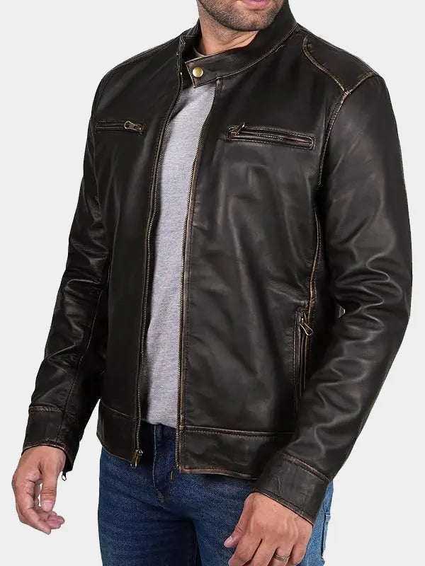 Dark Brown Vintage Cafe Racer Lambskin Leather Jacket For Men