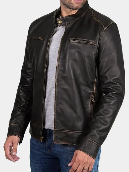 Dark Brown Vintage Cafe Racer Lambskin Leather Jacket For Men