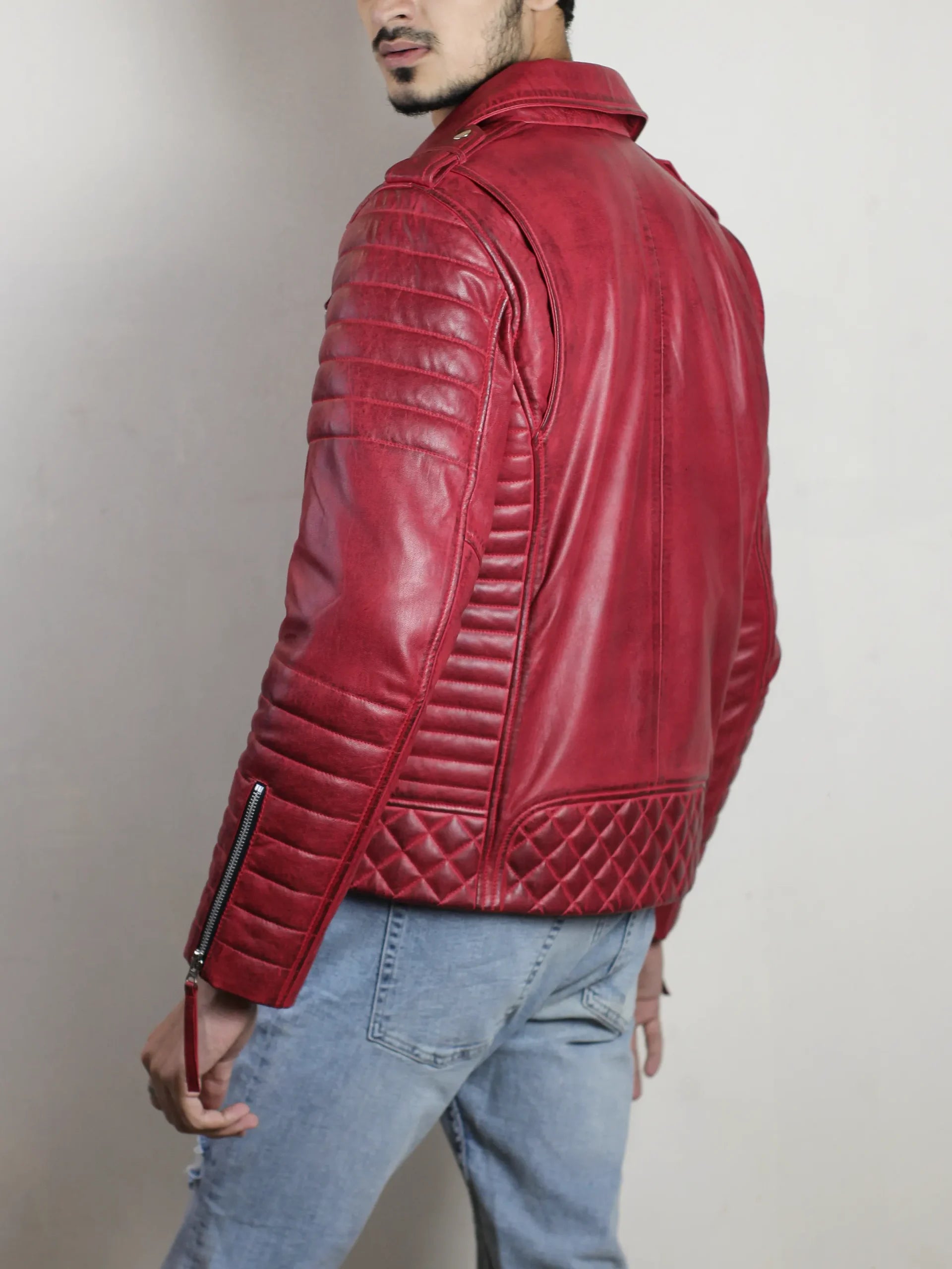 Dark Red Leather Biker Jacket