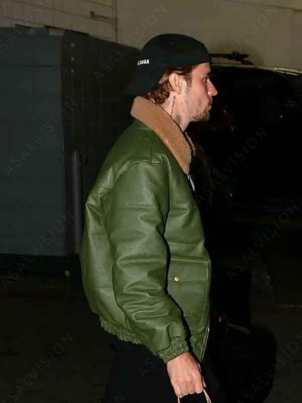 Date Night Beverly Hills 2024 Green Bomber Fur Collar Leather Jacket