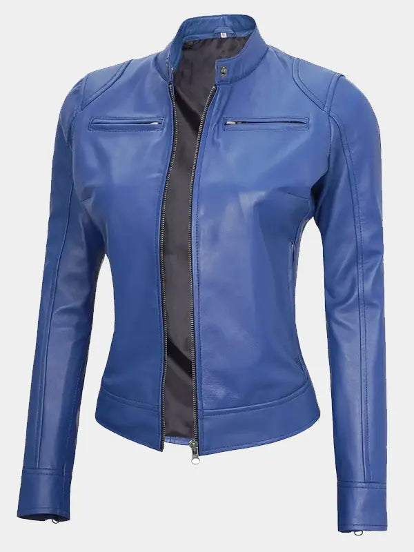 Declan Blue Cafe Racer Lambskin Leather Jacket For Women