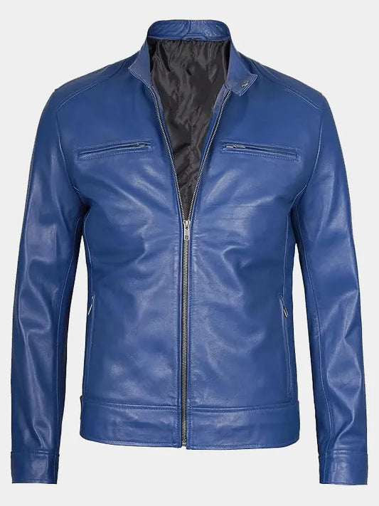 Declan Blue Men’s Cafe Racer Leather Jacket