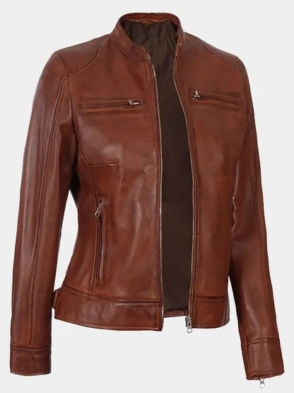 Declan Brown Waxed Moto Cafe Racer Lambskin Leather Jacket For Women