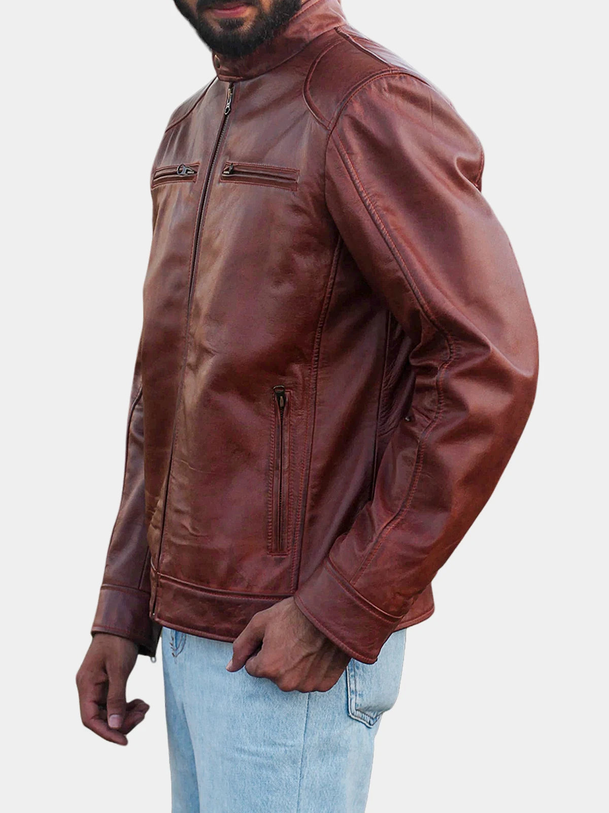 Declan Cognac Cafe Racer Lambskin Leather Jacket For Men