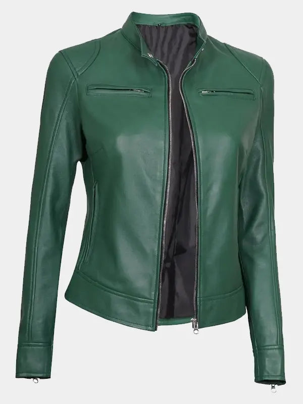 Declan Green Biker Cafe Racer Leather Jacket For Women