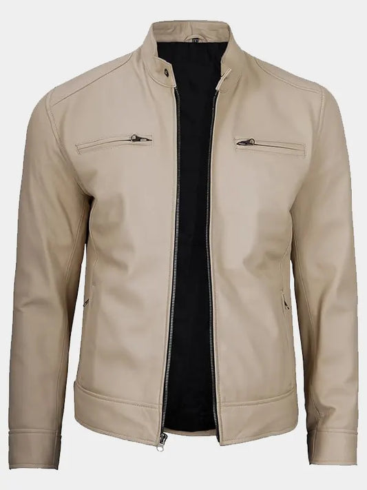 Declan Men’s Beige Cafe Racer Style Leather Jacket