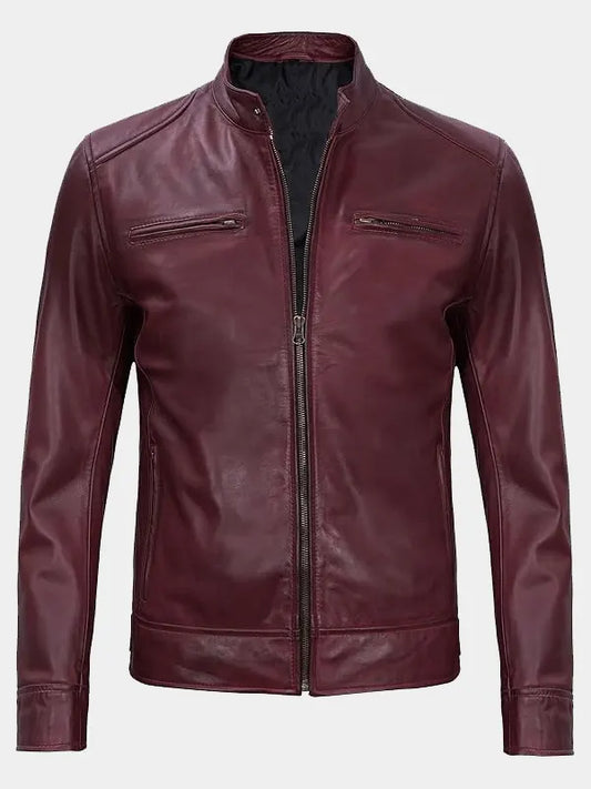 Declan Men’s Cafe Racer Burgundy Leather Jacket