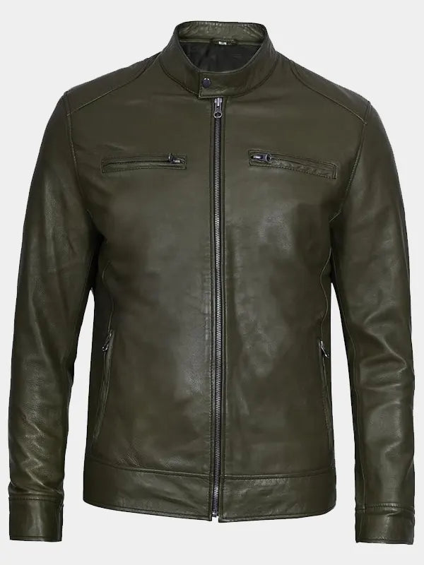 Declan Men's Military Green Cafe Racer Leather Jacket