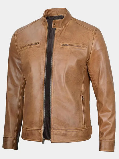 Declan Men's Tan Cafe Racer Lambskin Leather Jacket