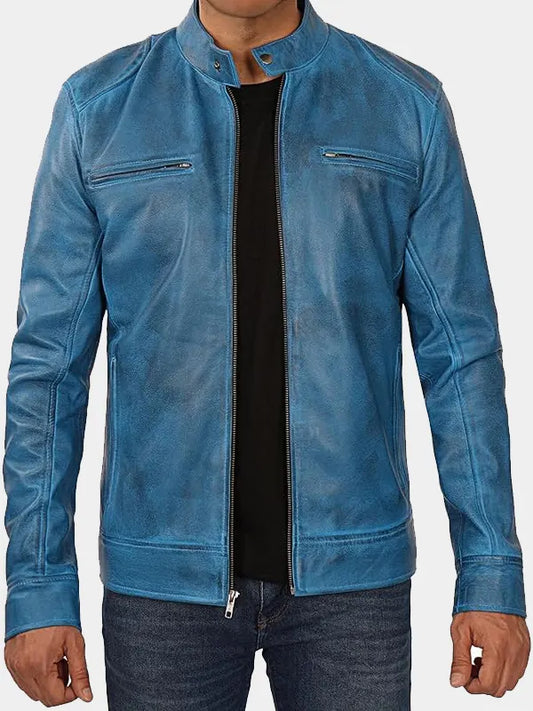 Declan Men's Vintage Blue Cafe Racer Leather Jacket