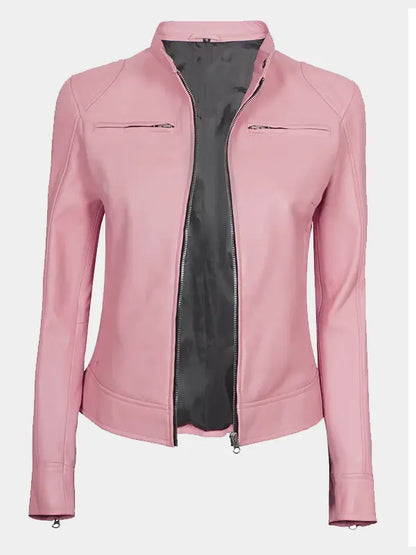 Declan Pink Cafe Racer Leather Jacket For Women
