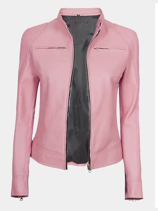 Declan Pink Cafe Racer Leather Jacket For Women
