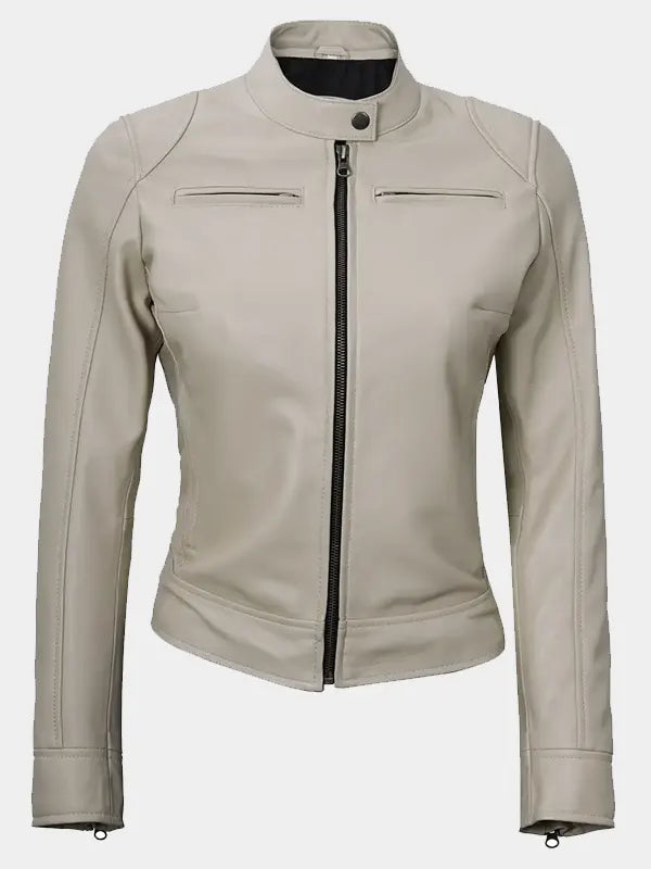 Declan Women's Beige Cafe Racer Leather Jacket
