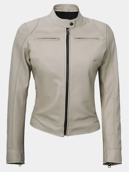 Declan Women's Beige Cafe Racer Leather Jacket