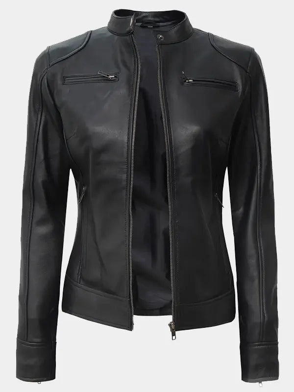 Declan Women’s Black Motorcycle Cafe Racer Lambskin Leather Jacket