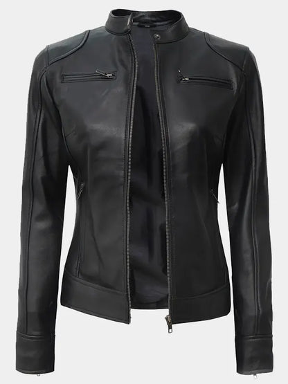 Declan Women’s Black Motorcycle Cafe Racer Lambskin Leather Jacket