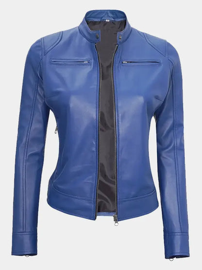 Declan Women's Blue Cafe Racer Leather Jacket