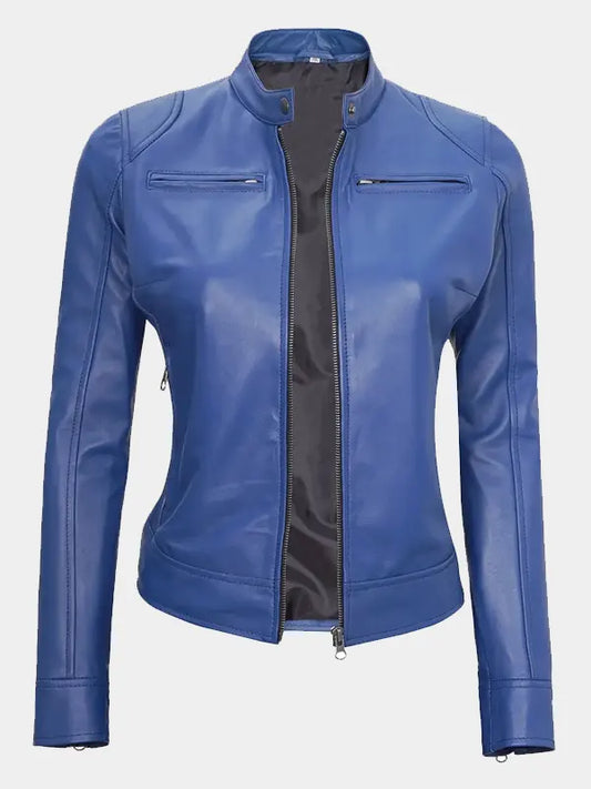 Declan Women's Blue Cafe Racer Leather Jacket