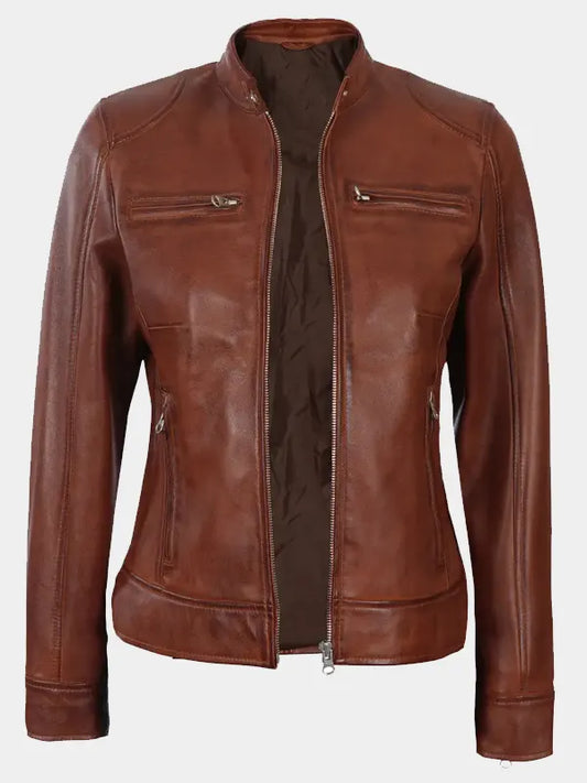 Declan Women’s Brown Cafe Racer Moto Leather Jacket