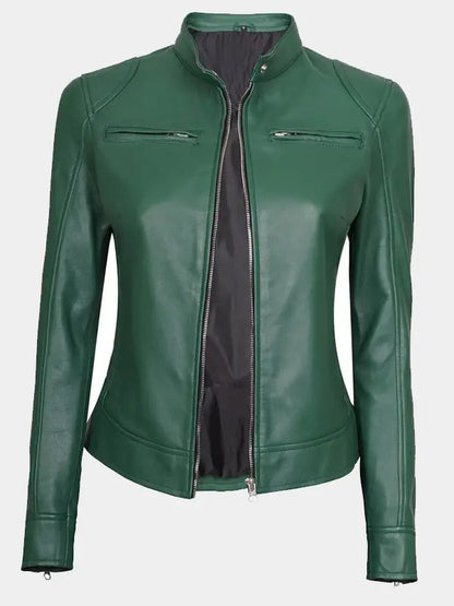 Declan Womens Green Cafe Racer Leather Jacket