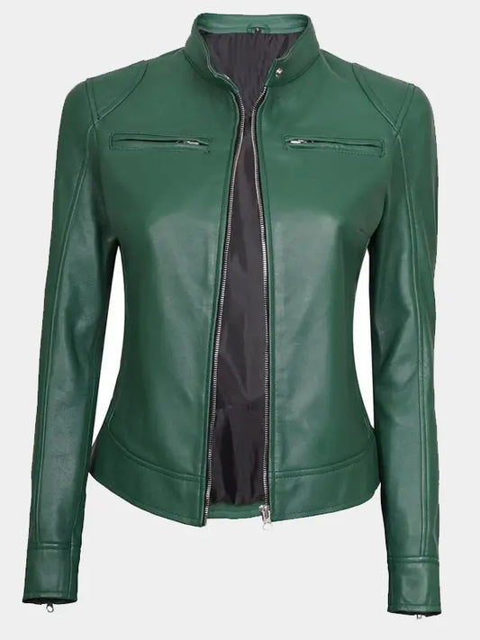 Declan Womens Green Cafe Racer Leather Jacket
