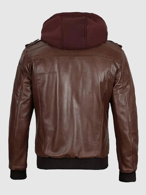 Detachable Hooded Bomber Leather Jacket