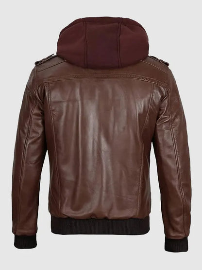 Detachable Hooded Bomber Leather Jacket